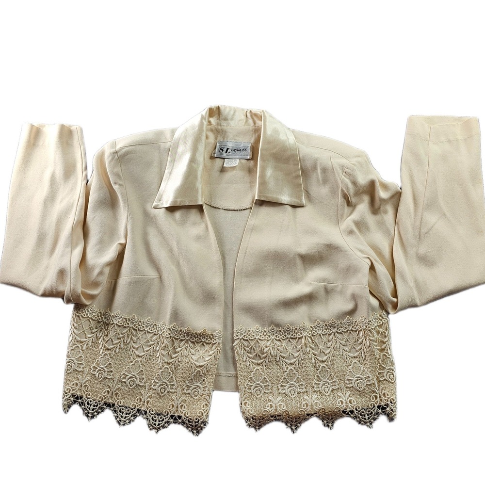 S.L. Fashions Crop Jacket Womens Sz 12 Cream Satin Lace Trim Collared Open Front